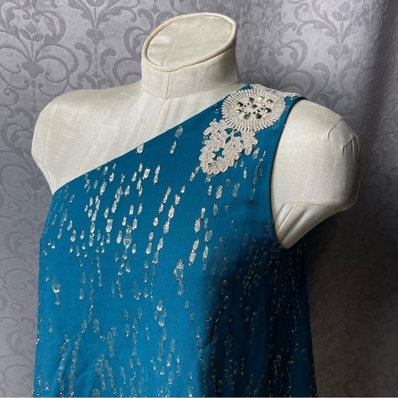 Lilly Pulitzer Silk Teal One-Shoulder Top Blouse - Picture 11 of 15